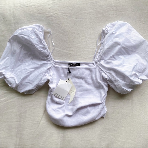 🐚 ZARA BOHO WHITE PUFF SLEEVE RUCHED CROP TOP! - Picture 5 of 11